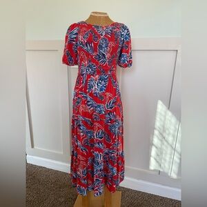 Sincerely Jules Smocked Top Maxi Dress Women’s Small Red Blue Tropical Resort